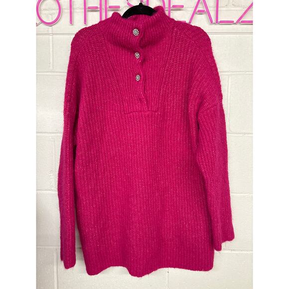 New Express Pink Fuzzy Knit Embellished Quarter Snap Sweater Size Large L - Picture 3 of 3